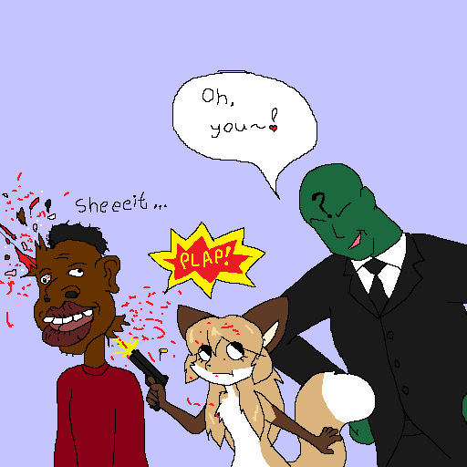 anon anthro averi_(fiddleafox) black_tie_(suit) blood bodily_fluids brown_body brown_fur canid canine clothing death dipstick_tail english female female_anthro fox fur gloves_(marking) gore group gun hair human male mammal markings onomatopoeia racism ranged_weapon shooting_gun simple_background sound_effects suit tail tail_markings text trio unknown_artist weapon white_body white_fur