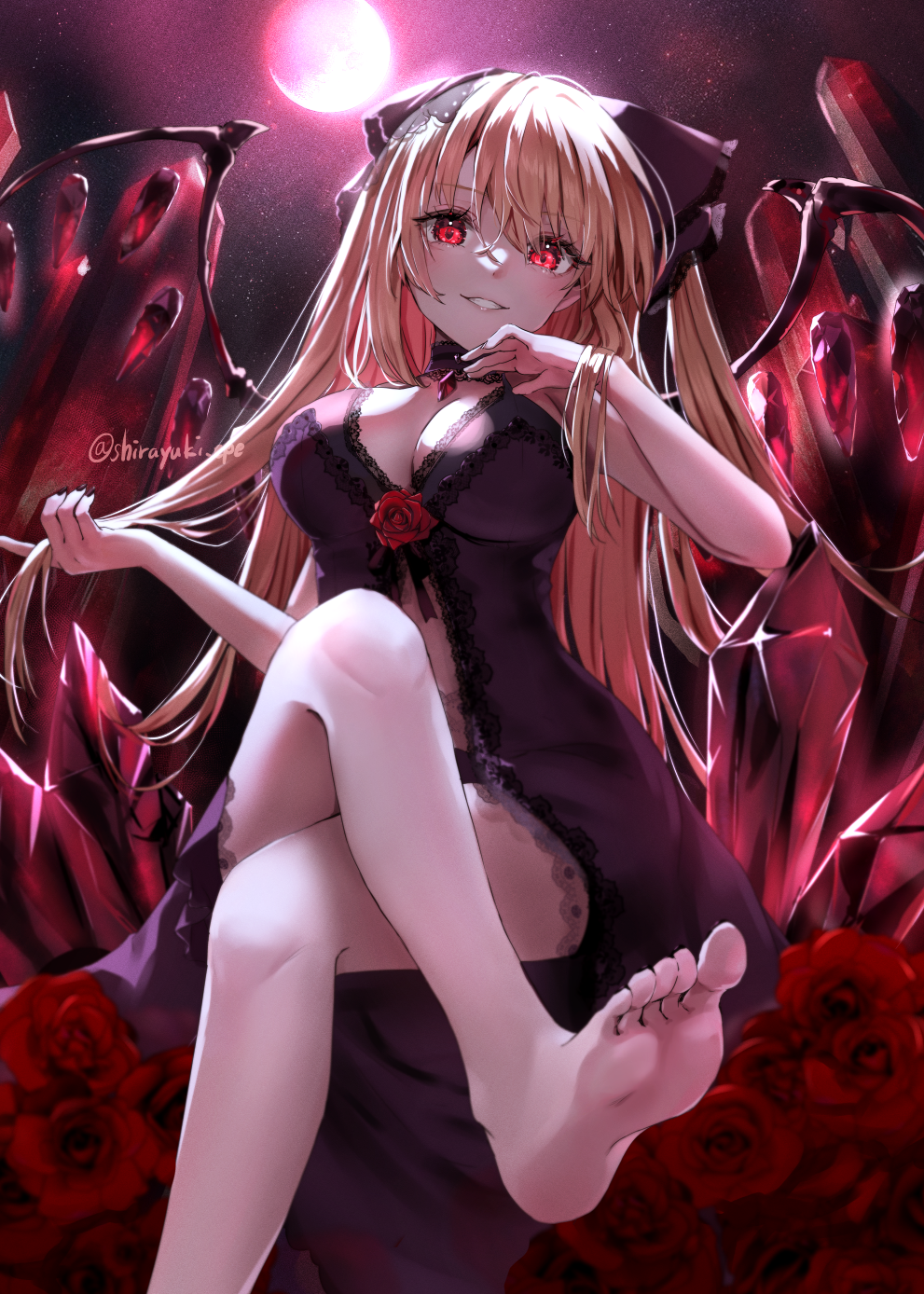 1girl alternate_breast_size alternate_costume babydoll bare_legs barefoot blonde_hair blush breasts choker cleavage crossed_legs crystal_wings fingernails flandre_scarlet flower foot_out_of_frame highres lace-trimmed_babydoll lace_trim looking_at_viewer medium_breasts moon nail_polish night night_sky one_side_up panties purple_babydoll purple_choker purple_panties red_eyes red_flower red_rose rose shironeko_yuuki sitting sky smile soles solo toes touhou twintails underwear
