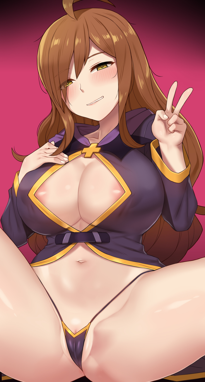 1girl ahoge anus anus_peek ass blush breasts brown_eyes brown_hair cameltoe center_opening cleavage clitoris_slip collarbone commentary covered_nipples gradient_background half-closed_eyes hand_on_own_chest highres kono_subarashii_sekai_ni_shukufuku_wo! large_breasts long_hair long_sleeves looking_at_viewer micro_panties navel nt00 panties pink_background pussy pussy_peek robe sitting solo spread_legs stomach thighs underwear v wiz_(konosuba)