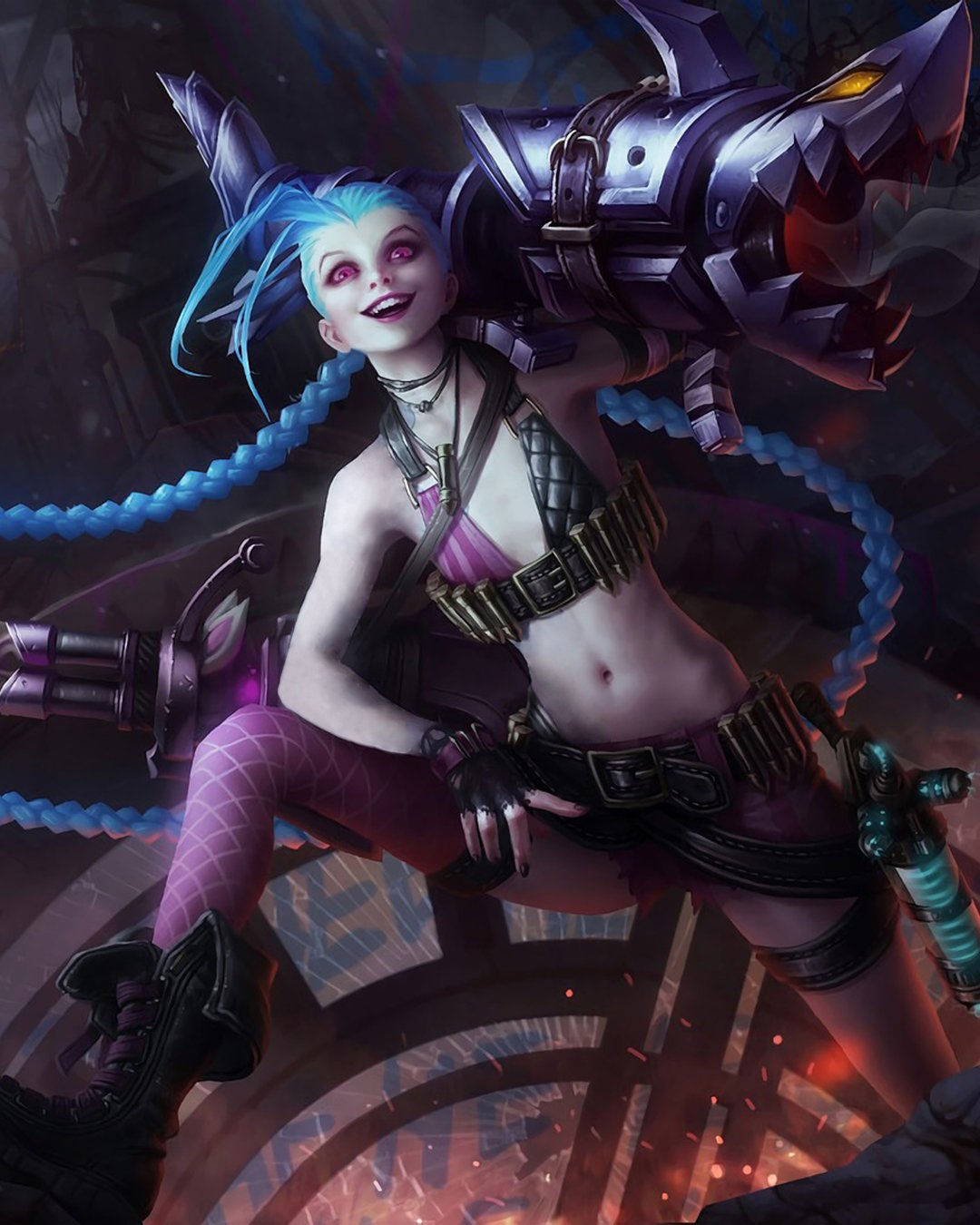 1girl :d arm_up bare_arms bare_shoulders belt black_belt black_gloves black_nails braid bullet bullet_necklace fingerless_gloves flat_chest gatling_gun gloves highres jinx_(league_of_legends) league_of_legends long_hair looking_at_viewer minigun nail_polish navel no_tattoo pink_eyes pink_lips pink_shorts pink_thighhighs rocket_launcher shoes shorts single_thighhigh smile solo teeth thighhighs twin_braids twintails very_long_hair weapon