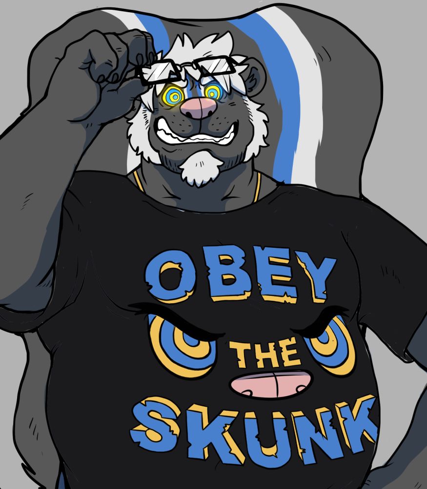 2019 5_fingers anthro azure_(bluedude) black_clothing black_shirt black_topwear claws clothing digital_media_(artwork) eyewear facial_hair fingers glasses goatee grey_background grey_body hair hyenaface hypnotic_eyes looking_at_viewer male mammal mephitid pink_nose shirt simple_background skunk slightly_chubby solo teeth topwear white_hair