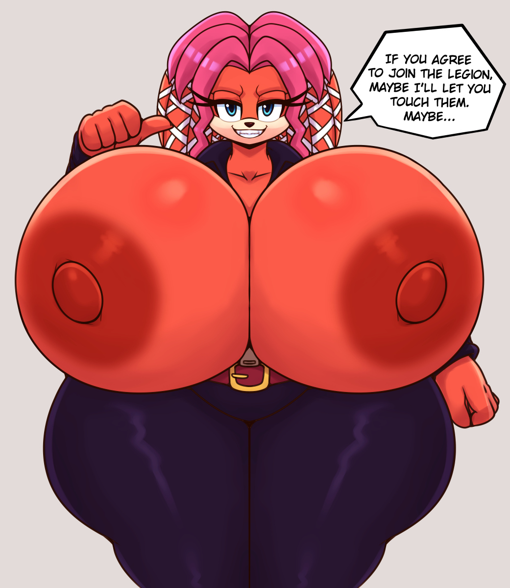 anthro archie_comics areola big_breasts blue_eyes breasts clothing echidna ellipsis english_text exposed_breasts female gesture hair hi_res huge_breasts huge_hips huge_thighs hyper hyper_breasts lien-da looking_at_viewer mammal matospectoru monotreme nipples pink_hair pointing pointing_at_self red_areola red_body red_nipples sega skinsuit smile solo sonic_the_hedgehog_(archie) sonic_the_hedgehog_(comics) sonic_the_hedgehog_(series) speech_bubble text thick_thighs tight_clothing wide_hips