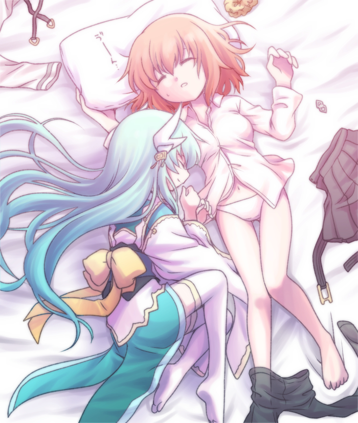 2girls arm_pillow bed belt belt_removed closed_eyes clothes_pull collared_shirt dragon_horns fate/grand_order fate_(series) fetal_position fujimaru_ritsuka_(female) green_hair hair_ornament horns japanese_clothes kiyohime_(fate) long_hair lying medium_hair minamoto_hisanari multiple_girls obi on_back open_mouth orange_hair panties pantyhose pantyhose_around_one_leg pantyhose_pull pillow sash shirt skirt skirt_removed sleeping smile thigh_gap thighhighs underwear white_panties white_shirt yuri