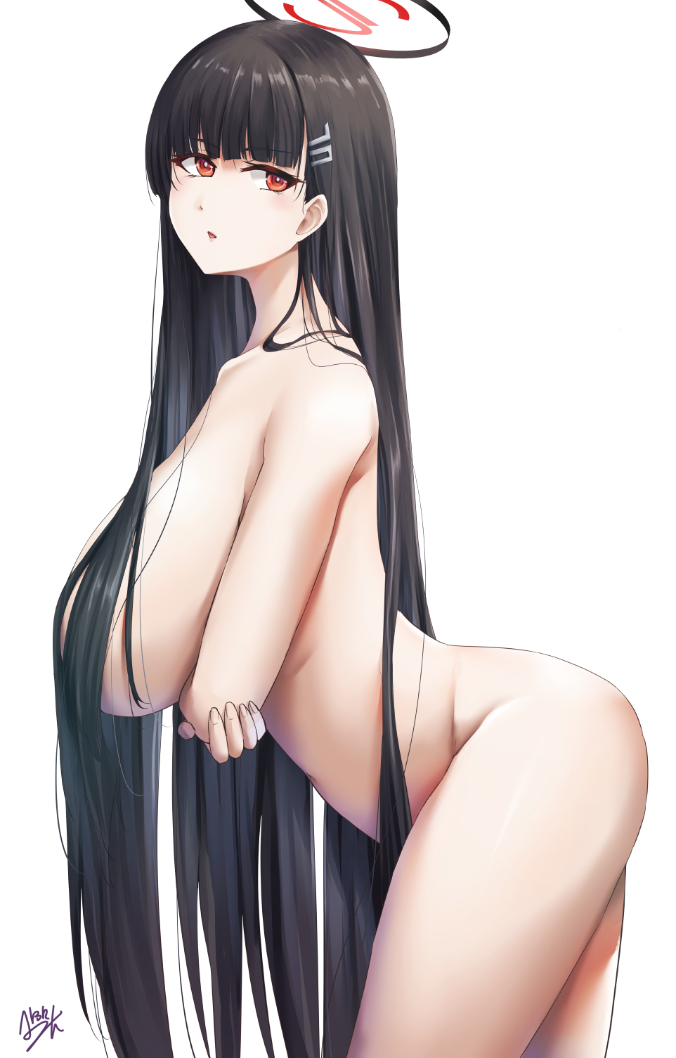 1girl black_hair blue_archive blush breasts convenient_censoring crossed_arms hair_ornament hairclip halo highres ibara_azuki large_breasts long_hair looking_at_viewer nude red_eyes rio_(blue_archive) very_long_hair