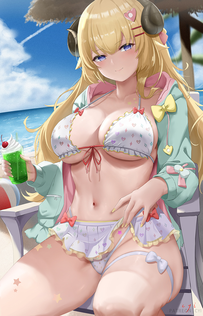 1girl aqua_hoodie beach bikini bikini_skirt blonde_hair blue_eyes blue_sky bow breasts chair cherry closed_mouth cloud cup cyicheng day food frilled_bikini frills fruit hair_ornament hairclip holding holding_cup hololive horns large_breasts long_hair navel outdoors sheep_girl sheep_horns sitting sky smile star_sticker stomach strap_gap swimsuit thigh_strap thighs tsunomaki_watame virtual_youtuber whipped_cream white_bikini