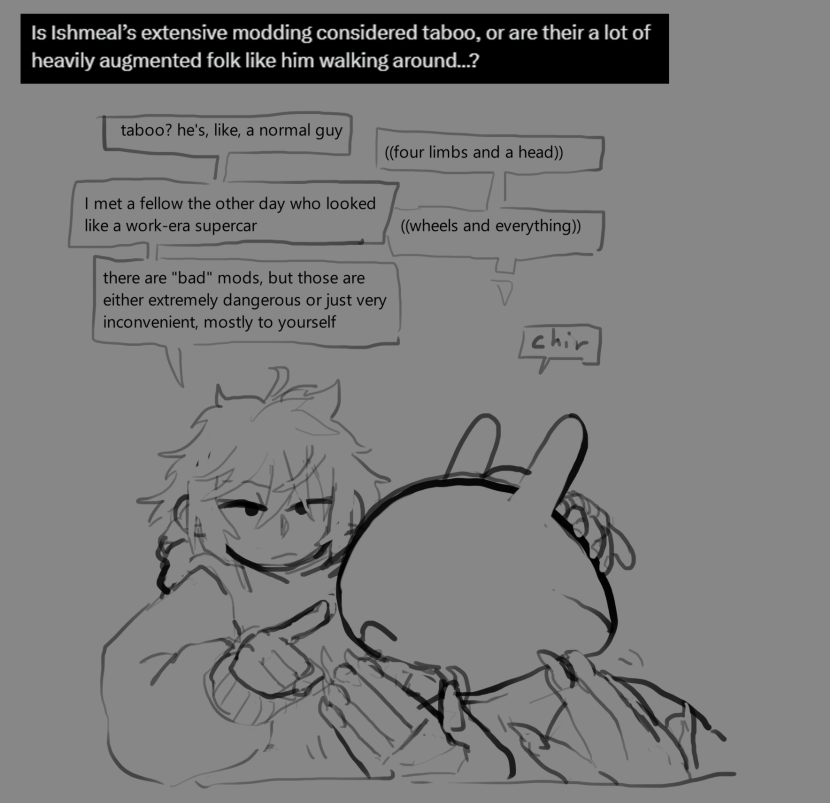 antennae_(anatomy) anthro bangs clawed_fingers clothed clothing dialogue duo english_text eyeless fingerpads frown grey_background hair hoodie human ishmael's_boyfriend ishmael_(core34) male mammal pawpads simple_background sketch speech_bubble text thecore34 topwear