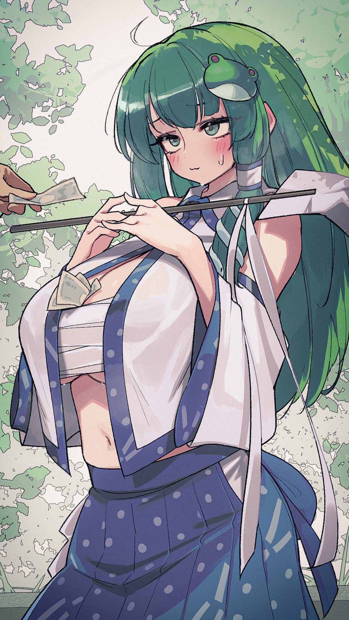 1girl 1other blue_skirt blush breasts cleavage commentary_request crop_top detached_sleeves frog_hair_ornament gohei green_eyes green_hair hair_ornament highres kashu_(hizake) kochiya_sanae large_breasts long_hair money navel prostitution sarashi shirt skirt snake_hair_ornament solo_focus standing touhou underboob white_shirt