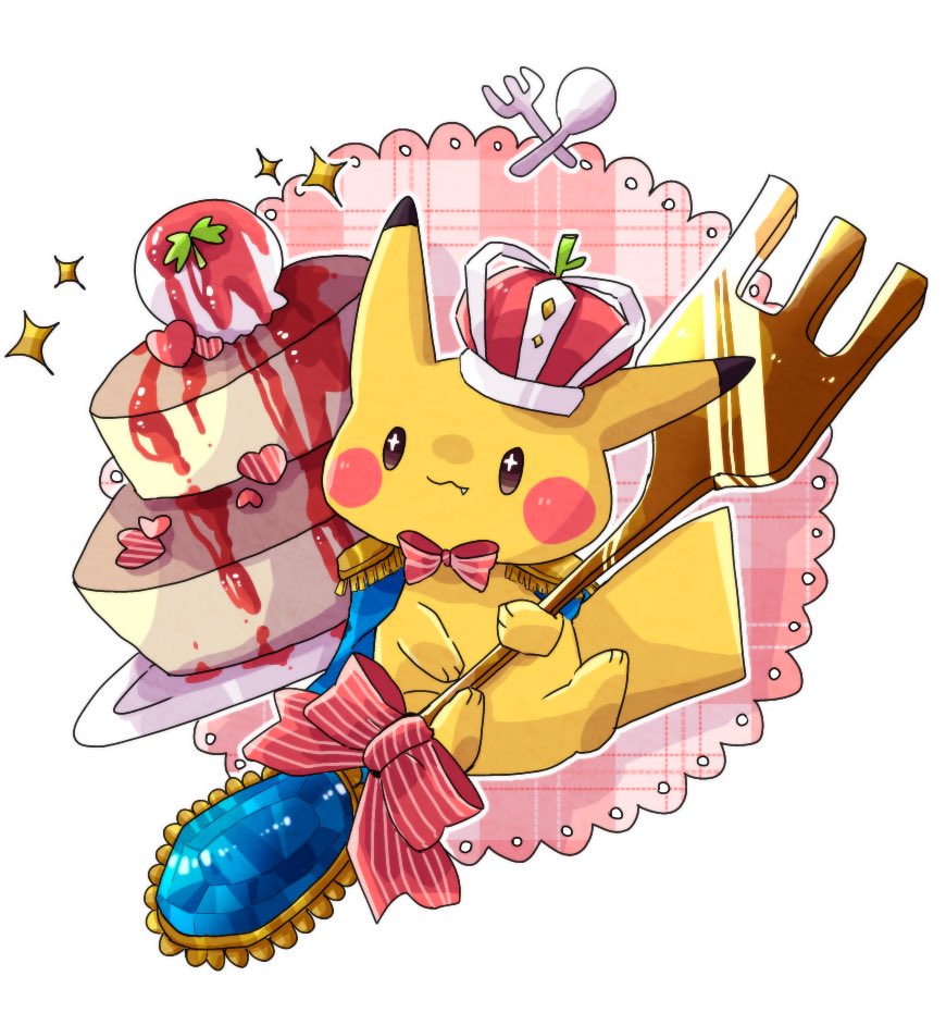 +_+ :3 animal_focus bow bowtie cake colored_skin commentary_request crown epaulettes fang food fork hanabusaoekaki holding holding_fork layer_cake no_humans pikachu plate pokemon pokemon_(creature) red_bow red_bowtie sparkle spoon tail white_background yellow_skin