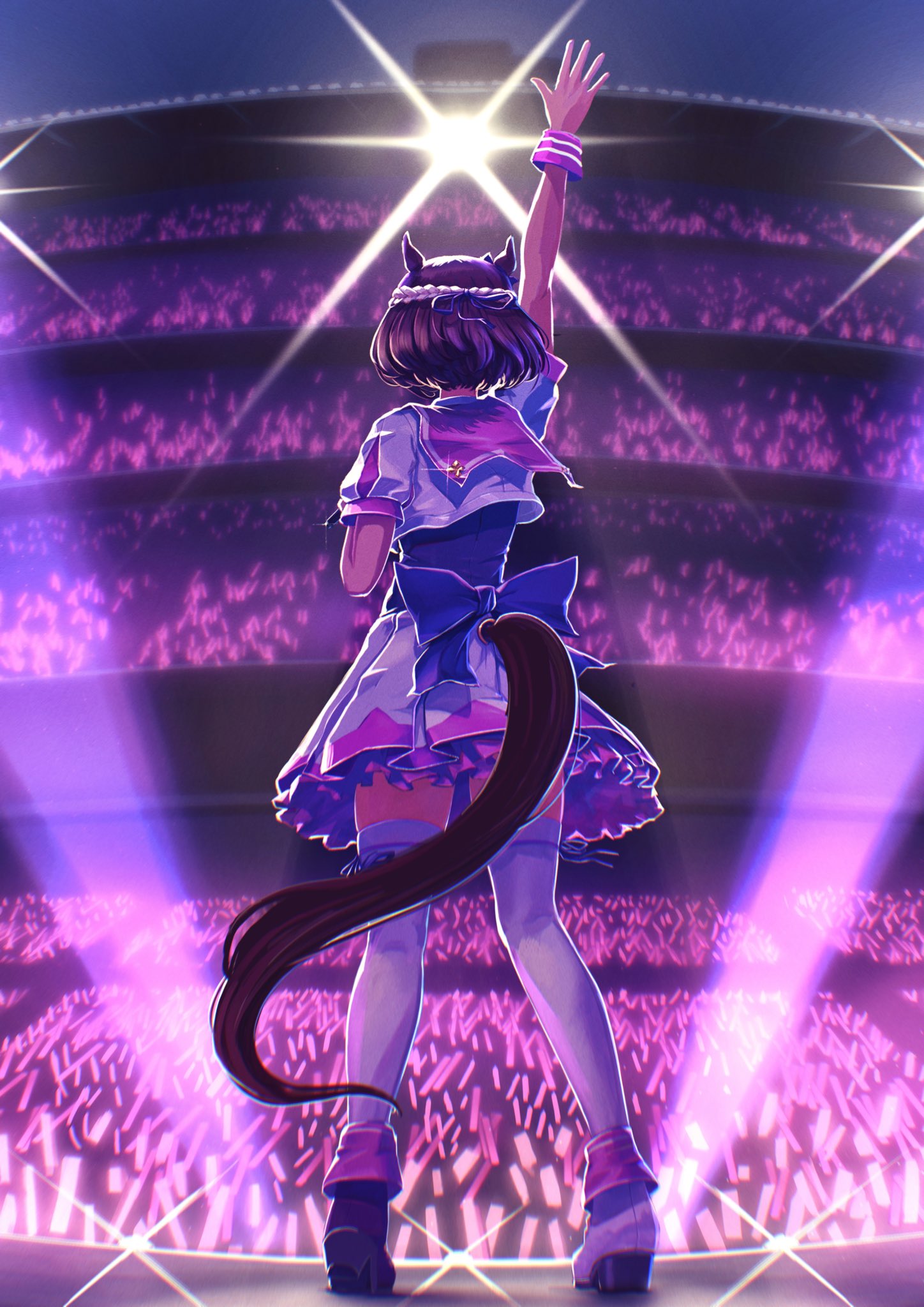 1girl animal_ears arm_up asymmetrical_footwear black_footwear bow braid brown_hair cropped_jacket frilled_skirt frills from_behind glowstick highres horse_ears horse_girl horse_tail jacket mismatched_footwear ponpochi puffy_short_sleeves puffy_sleeves purple_bow sailor_collar short_hair short_sleeves skirt solo special_week_(umamusume) tail tail_through_clothes thighhighs umamusume white_footwear white_jacket white_skirt white_thighhighs wrist_cuffs