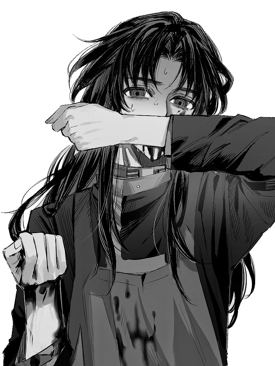 1boy apron biting_hand blood blood_on_clothes blood_on_face blood_on_hands clenched_hands collar commentary covered_mouth greyscale hand_up highres kimi_ga_shine long_hair long_sleeves looking_at_viewer male_focus monochrome parted_bangs pipoabubu ringed_eyes satou_kai simple_background solo suicide sweatdrop upper_body white_background