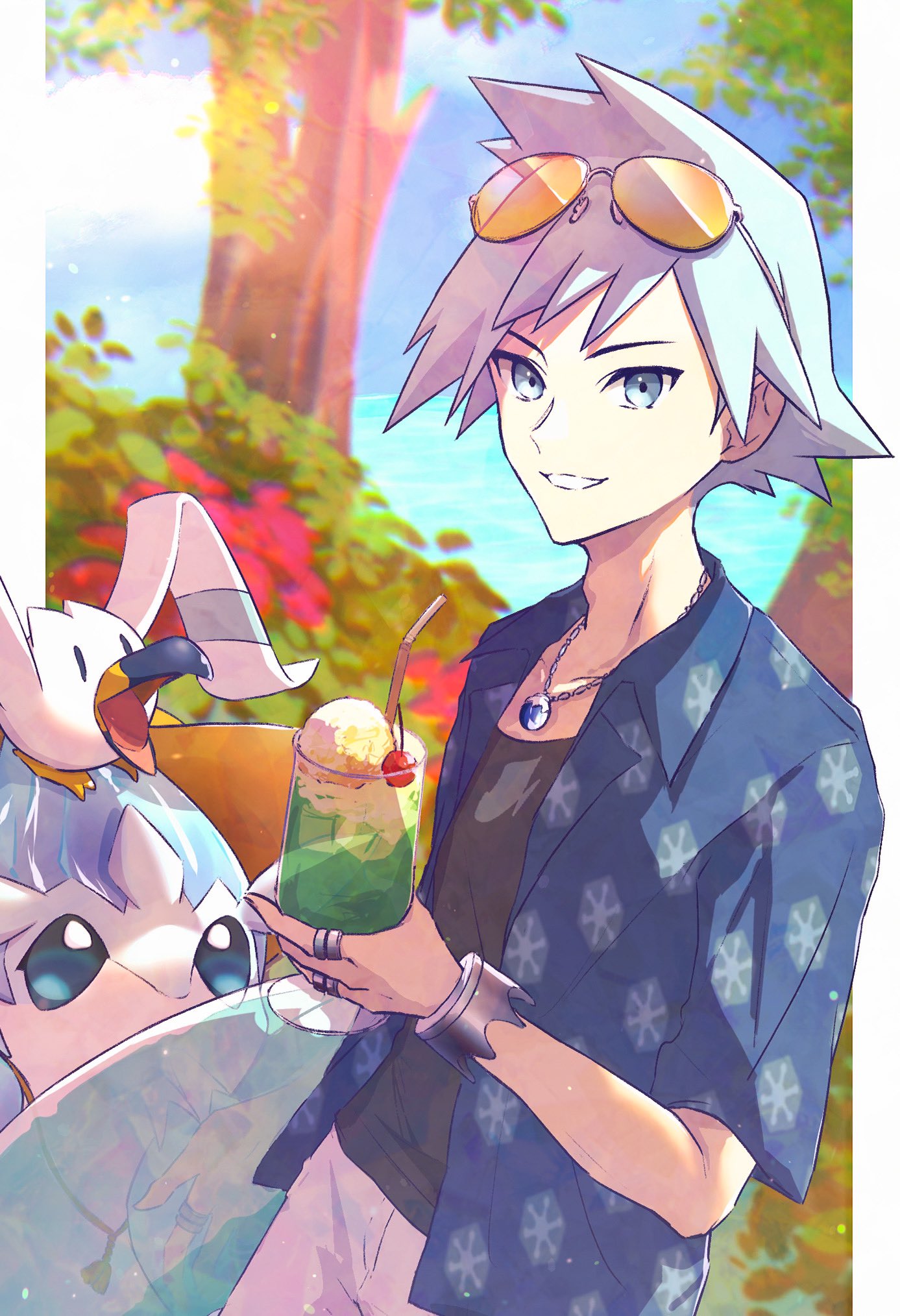 1boy alolan_sandslash anidf blue_shirt bracelet cherry collared_shirt commentary cup day eyewear_on_head food fruit glass grin highres holding holding_cup jewelry male_focus necklace official_alternate_costume open_clothes open_shirt outdoors pokemon pokemon_(game) pokemon_masters_ex ring shirt short_hair shorts smile spiked_hair steven_stone steven_stone_(summer_2020) sunglasses symbol-only_commentary teeth undershirt wingull