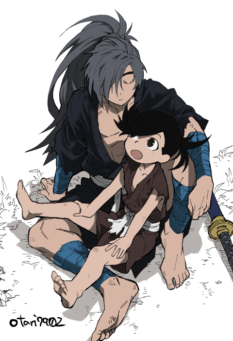 1boy 1girl androgynous bandages barefoot black_hair brown_eyes closed_mouth dororo_(character) dororo_(tezuka) feet full_body hair_over_one_eye hyakkimaru_(dororo) indesign japanese_clothes long_hair open_mouth ponytail short_hair sitting sword weapon white_background