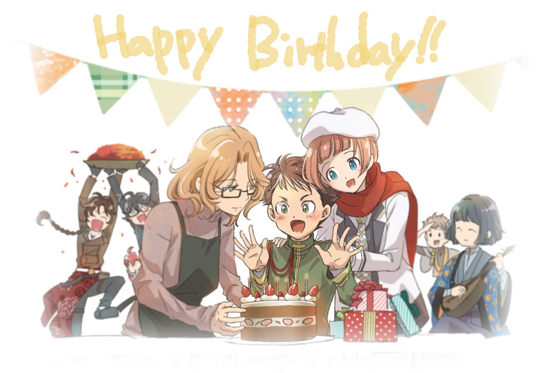 ._. 6+boys :d ^_^ ahoge aiguillette apron arms_up beret birthday birthday_cake birthday_party biwa_lute black_apron black_gloves black_jacket black_pants blue_eyes blue_hair blue_jacket blunt_bangs blush box braid brown_hair brown_jacket brown_sweater bungou_to_alchemist cake candle checkered_necktie chili_pepper closed_eyes closed_mouth clothes_around_waist dark_blue_hair dazai_osamu_(bungou_to_alchemist) dress_shirt food foot_out_of_frame fruit gift gift_box glasses gloves green_eyes green_jacket grey_kimono hagiwara_sakutarou hair_between_eyes hands_on_another's_shoulders hanten_(clothes) happy_birthday hat holding holding_instrument holding_tray hori_tatsuo_(bungou_to_alchemist) instrument jacket japanese_clothes kacka kimono lapels light_brown_hair long_hair long_sleeves looking_at_another lute_(instrument) male_focus medium_hair miyoshi_tatsuji_(bungou_to_alchemist) multiple_boys muroo_saisei nakano_shigeharu_(bungou_to_alchemist) necktie notched_lapels oda_sakunosuke_(bungou_to_alchemist) off_shoulder open_hands pants parted_bangs red_hair red_scarf ribbed_sweater sakaguchi_ango_(bungou_to_alchemist) salute scarf shirt short_bangs short_hair simple_background single_braid sitting sleeves_past_wrists smile spilling standing standing_on_one_leg strawberry string_of_flags sweater table tray turtleneck turtleneck_sweater upper_body wavy_hair whipped_cream white_background white_headwear white_jacket white_necktie white_shirt