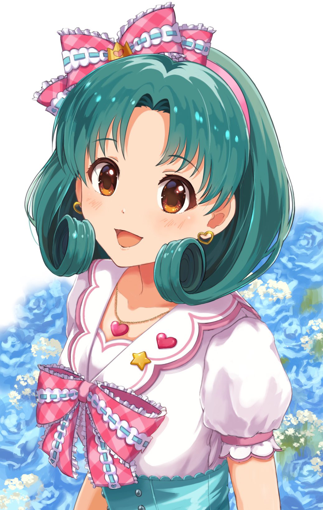 1girl blue_flower blush bow bowtie breasts brown_eyes collarbone corset curly_hair dot_nose dress earrings floral_background flower green_corset green_hair hair_ribbon hairband heart heart_earrings heart_necklace highres idolmaster idolmaster_million_live! idolmaster_million_live!_theater_days jewelry looking_at_viewer medium_breasts necklace open_mouth parted_bangs pink_bow pink_bowtie pink_hairband pink_ribbon ribbon short_sleeves smile solo tokugawa_matsuri tomato_(kiiroitomato33) upper_body white_background white_dress