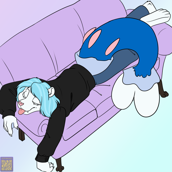 anthro barefoot blue_hair claws clothed clothing eyes_closed feet foxenawolf fur furniture generation_7_pokemon hair lying male nintendo on_front pause_(kztxl7) pink_nose pokemon pokemon_(species) primarina sofa solo tail tongue tongue_out white_body white_fur