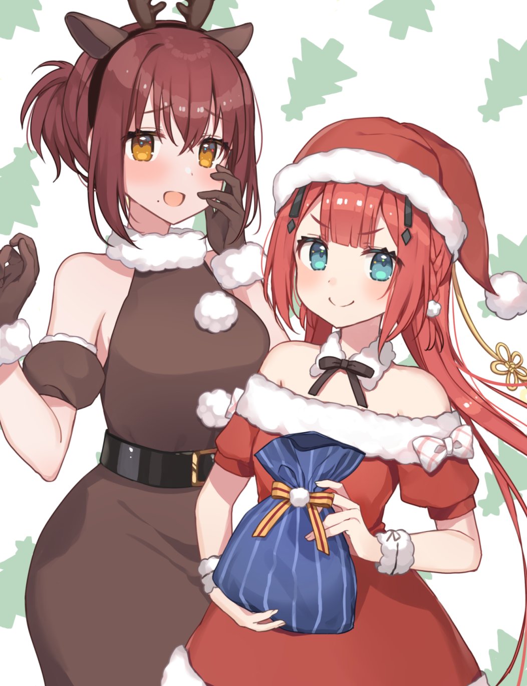 &gt;:) 2girls :d animal_costume animal_ears antlers bag bare_shoulders belt black_belt black_hairband blunt_bangs blush braid brown_dress brown_gloves brown_hair christmas christmas_tree_print closed_mouth commentary_request cowboy_shot crossed_bangs deer_ears dress eyelashes eyes_visible_through_hair fake_animal_ears fake_horns fur-trimmed_dress fur-trimmed_gloves fur_trim furrowed_brow gift_bag gloves hair_between_eyes hair_ornament hair_ribbon hairband hairclip hand_on_own_cheek hand_on_own_face hands_up hat highres holding holding_bag horns kamiyama_shiki long_hair looking_at_viewer medium_hair misaki_kyouko_(summer_pockets) mole mole_under_mouth multiple_girls open_mouth pom_pom_(clothes) ponytail puffy_short_sleeves puffy_sleeves red_hair reindeer_antlers reindeer_costume ribbon santa_dress santa_hat short_sleeves shy side_braid simple_background smile smug standing summer_pockets v-shaped_eyebrows very_long_hair white_background white_fur yellow_ribbon yushima