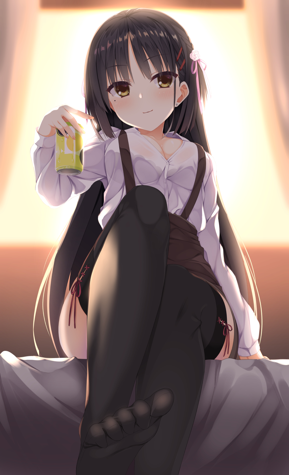 1girl aria. arm_support backlighting black_hair black_thighhighs bloom blurry blurry_background blush breasts brown_eyes brown_skirt cafe_stella_to_shinigami_no_chou can cleavage closed_mouth collared_shirt commentary curtains depth_of_field dress_shirt earrings feet flower hair_flower hair_ornament hair_ribbon hairclip hand_up high-waist_skirt highres holding holding_can indoors jewelry knee_up knees_together_feet_apart legs long_hair long_sleeves looking_at_viewer medium_breasts mole mole_under_eye no_shoes on_bed pink_ribbon red_ribbon ribbon ribbon-trimmed_thighhighs rose shiki_natsume shirt sidelocks sitting skirt smile soles solo straight_hair stud_earrings sunlight sunset suspender_skirt suspenders thighhighs toes very_long_hair white_flower white_rose white_shirt window