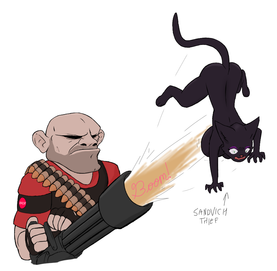 anthro big_breasts black_body black_fur breasts bullet_belt domestic_cat exaggerated_expression felid feline felis fur gun heavy_(team_fortress_2) human launched male mammal meme ranged_weapon shitpost team_fortress_2 unknown_artist valve weapon