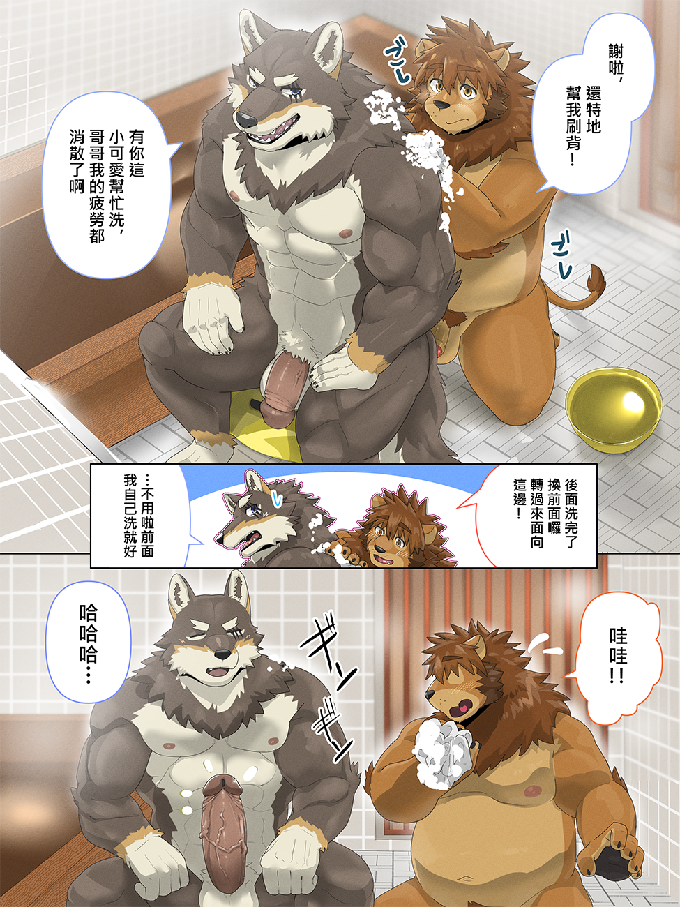 3:4 5_fingers anthro anthro_on_anthro balls brown_body brown_fur canid canine canis chinese_text countershade_face countershade_fur countershade_torso countershading duo erection felid fingers fur genitals glans hi_res humanoid_genitalia humanoid_penis interspecies lion male male/male mammal muscular muscular_anthro muscular_male ogami_aratsuka overweight overweight_anthro overweight_male pantherine penis ross_(rossciaco) rossciaco tail tail_tuft text translation_request tuft vein veiny_penis wolf