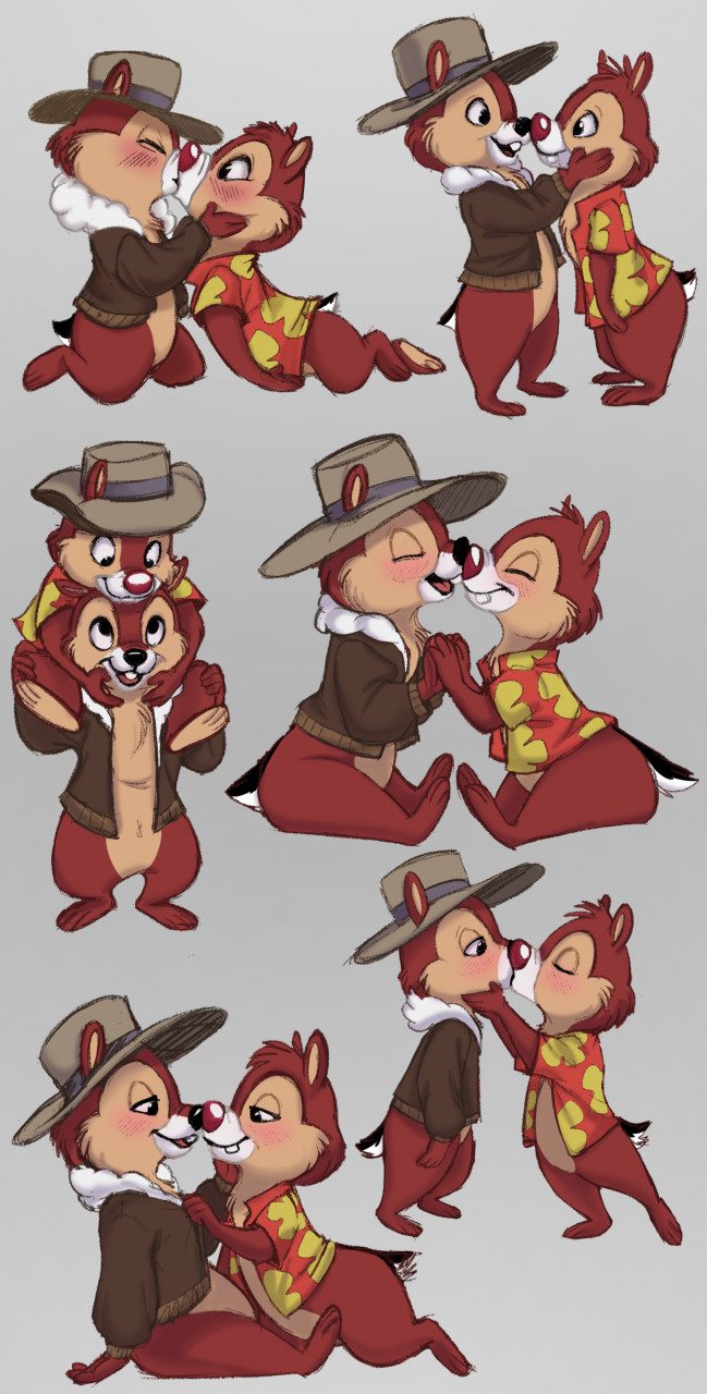 aloha_shirt ambiguous/ambiguous ambiguous_gender anthro bedroom_eyes black_nose blush bottomless bottomless_ambiguous brown_body brown_feet brown_fur brown_hands carrying chip_'n_dale chip_(disney) clothed clothing dale_(disney) disney duo eyes_closed featureless_crotch fur furgonomic_hat furgonomic_headwear furgonomics grey_background hand_on_chest hand_on_face hat headgear headwear hi_res interlocked_fingers jacket kiss_on_lips kissing lighter_belly monotone_body monotone_feet monotone_hands mouth_closed multiple_images narrowed_eyes no_irises noses_touching open_mouth open_smile pattern_clothing pattern_shirt pattern_topwear piggyback pulling_on_clothes red_nose romantic romantic_couple seductive semi-anthro shirt simple_background small_tail smile tail teeth topwear topwear_only tuwka two_tone_tail