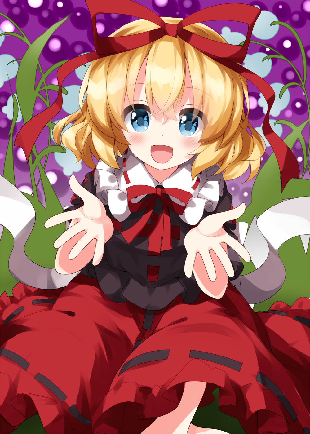 1girl black_shirt blonde_hair blue_eyes blush collared_shirt flower frilled_shirt_collar frills hair_between_eyes hair_ribbon highres lily_of_the_valley looking_at_viewer medicine_melancholy open_mouth red_ribbon red_skirt ribbon ruu_(tksymkw) shirt short_hair short_sleeves skirt smile solo touhou white_flower