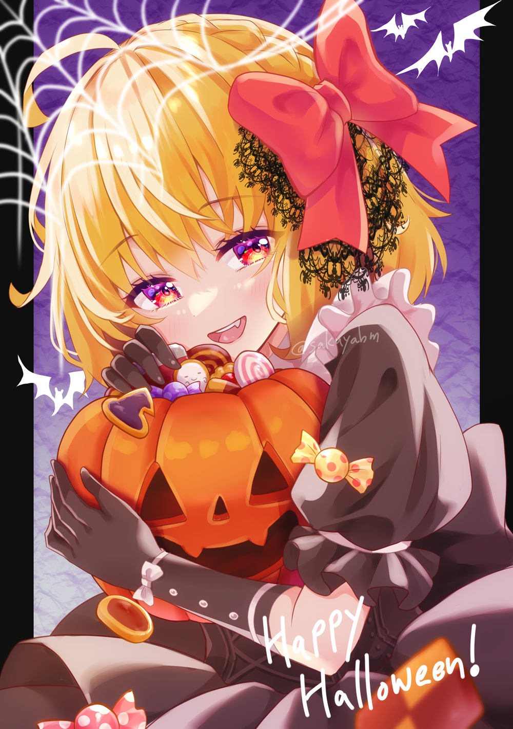 1girl black_dress black_gloves blonde_hair blush candy dress fang food frilled_sleeves frills gloves hair_ribbon halloween halloween_bucket halloween_costume happy_halloween highres jack-o'-lantern looking_at_viewer open_mouth red_eyes red_ribbon ribbon rumia sakuyabm short_hair short_sleeves silk smile solo spider_web touhou