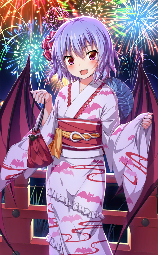 1girl animal_print artist_request bag bat_print bat_wings blue_hair blush check_artist fang fence festival fireworks frilled_kimono frills grass hair_ribbon holding holding_bag japanese_clothes kimono long_sleeves night obi official_alternate_costume official_art open_mouth outdoors pink_kimono pouch red_eyes red_ribbon red_sash remilia_scarlet ribbon sash short_hair smile socha striped striped_ribbon touhou touhou_cannonball wide_sleeves wings wooden_fence yukata