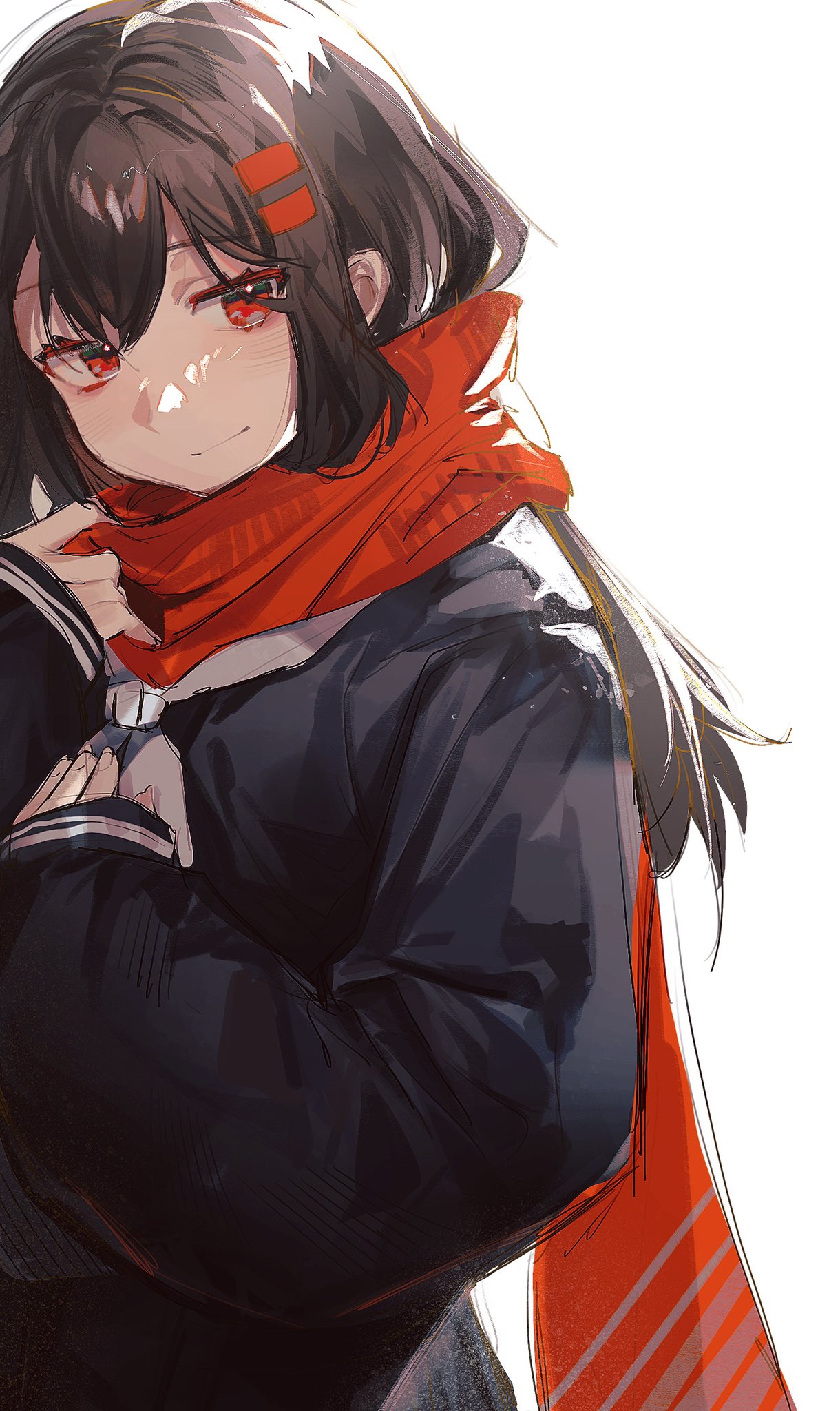 1girl black_shirt brown_hair enpera hair_ornament hairclip hand_on_own_chest hashtag_only_commentary highres holding holding_clothes holding_scarf kagerou_project kurotero looking_at_viewer neckerchief red_eyes red_scarf sailor_collar scarf shirt smile tateyama_ayano upper_body white_background white_neckerchief