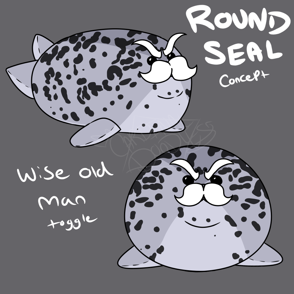 &gt;:( 1:1 ambiguous_gender cardinaldoodles colored digital_media_(artwork) english_text eyebrows facial_hair flat_colors grey_background grey_body mammal marine mustache pinniped plushie round_body seal simple_background solo spots spotted_body text thick_eyebrows