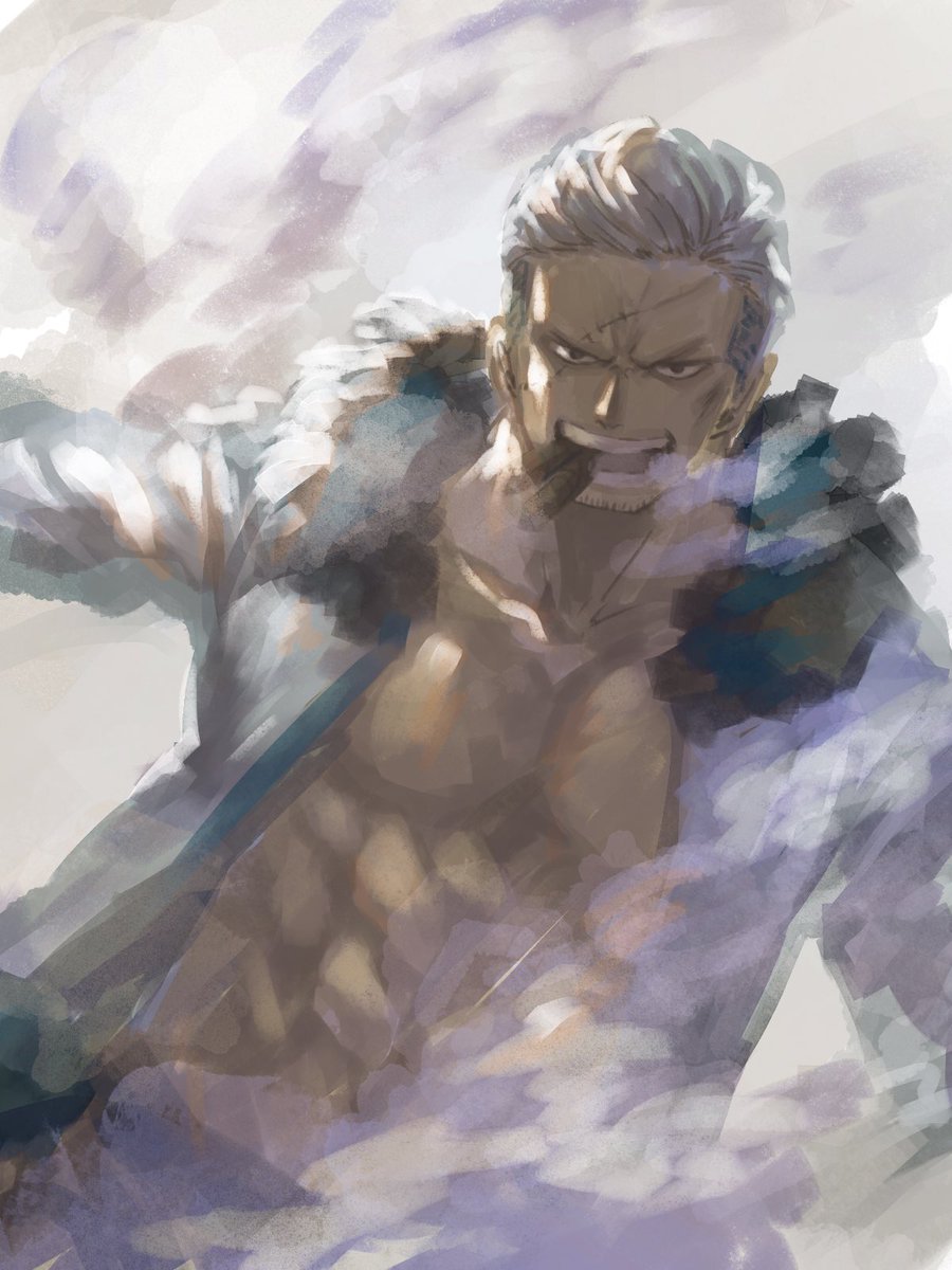 1boy archived_source bad_id bad_twitter_id beard_stubble cigar coat commentary_request fur_collar highres looking_at_viewer namagomi_(op_laaaaw_tan) one_piece pants scar scar_on_face short_hair simple_background smoke smoker_(one_piece) torso upper_body white_coat white_hair