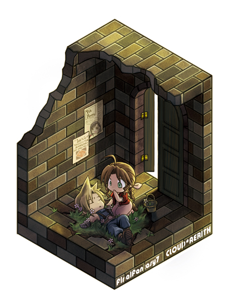 1boy 1girl aerith_gainsborough ahoge basket black_gloves blonde_hair blue_pants blue_shirt boots braid brown_footwear brown_hair character_name chibi closed_eyes cloud_strife copyright_name diorama door dress final_fantasy final_fantasy_vii flower gloves green_eyes hair_ribbon hand_up indoors isometric jacket long_hair lying on_back pants pink_dress pink_ribbon pointy_hair poster_(object) red_jacket ribbon seiza shirt short_hair simple_background sitting socha tifa_lockhart white_background yukkuri_shiteitte_ne