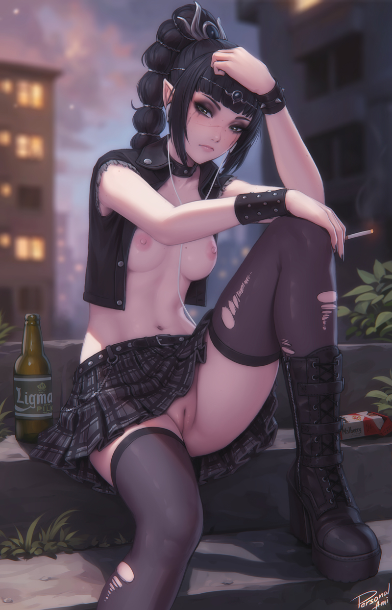 accessory ankle_boots anthro baldur's_gate_3 beer_bottle black_hair boots bottle braided_hair braided_ponytail breasts cigarette city clothed clothing container elf eyeshadow female footwear genitals goth hair hair_accessory hi_res humanoid leather leather_clothing leather_topwear leather_vest legwear ligma makeup nipples no_underwear not_furry open_clothing open_topwear open_vest outside pale_skin personalami ponytail pussy running_mascara scar shadowheart sitting smoking smoking_cigarette solo thigh_highs topwear torn_stocking upskirt vest