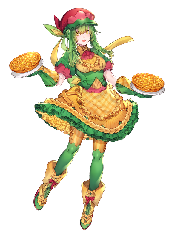 1girl :d apple_pie appletun apron ascot bow braid dress food footwear_bow french_braid frilled_apron frills green_hair green_thighhighs hat holding holding_saucer katagiri_hachigou long_hair open_mouth oven_mitts over-kneehighs personification pie plaid plaid_apron pokemon puffy_short_sleeves puffy_sleeves saucer short_sleeves shorts shorts_under_dress simple_background smile solo striped striped_shorts thighhighs underbust vertical-striped_shorts vertical_stripes waist_apron white_background yellow_apron yellow_eyes yellow_shorts