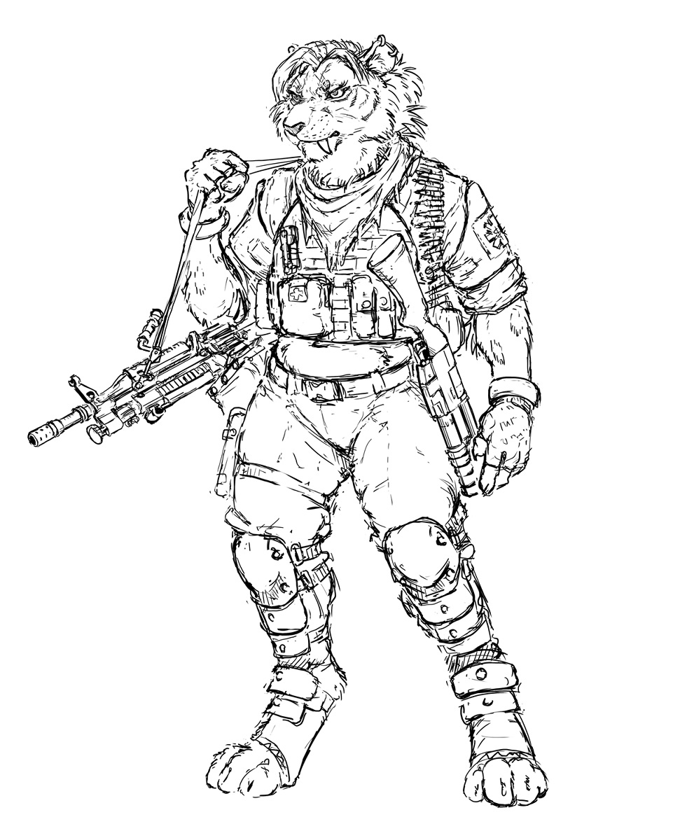 2022 ammunition anthro ear_piercing felid feline female gun hotchkisstank leg_armor looking_aside mammal military_clothing military_jacket military_pants monochrome piercing pouch_(clothing) ranged_weapon saber-toothed_tiger semi-automatic shotgun simple_background solo weapon
