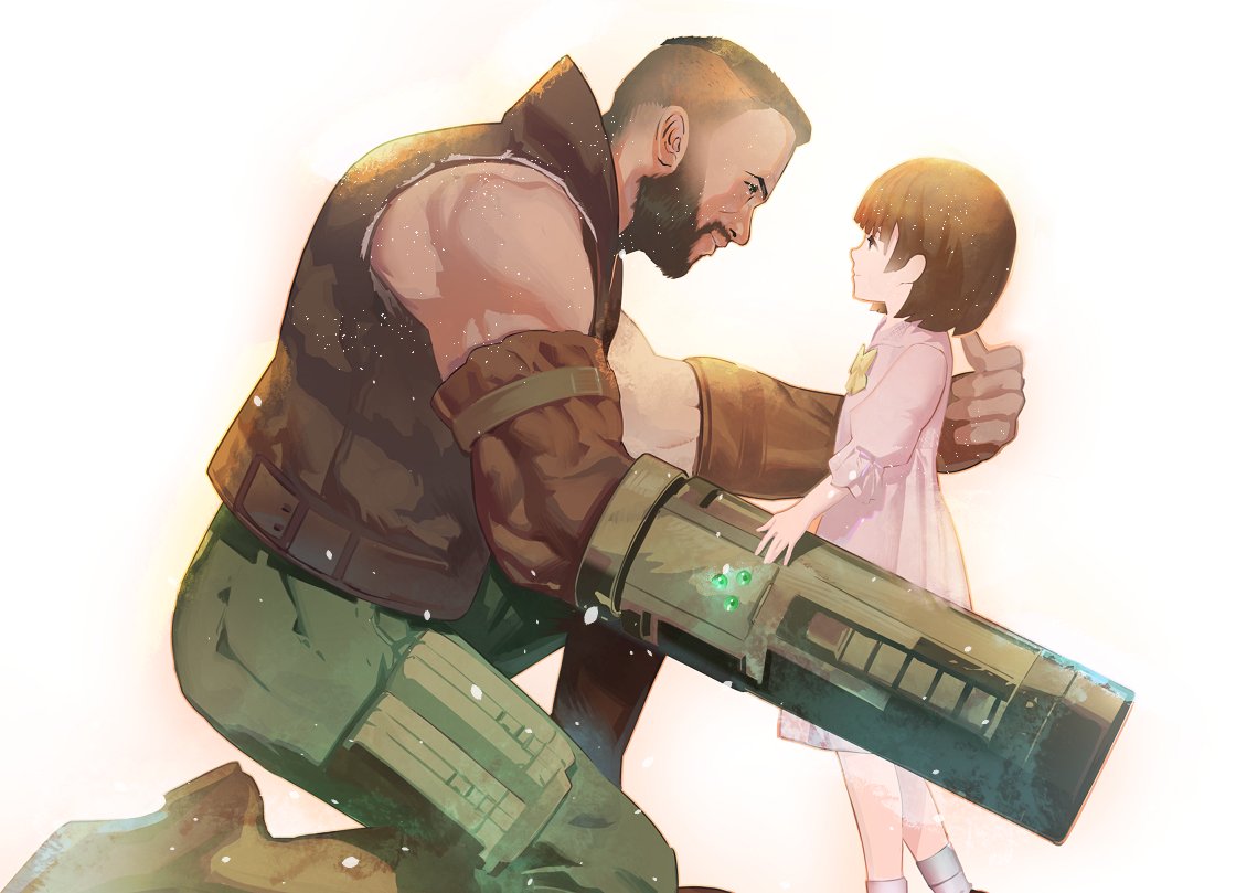 1boy 1girl arm_cannon barret_wallace beard closed_mouth cofffee dress facial_hair father_and_daughter feet_out_of_frame final_fantasy final_fantasy_vii marlene_wallace materia short_hair simple_background smile very_short_hair weapon white_background
