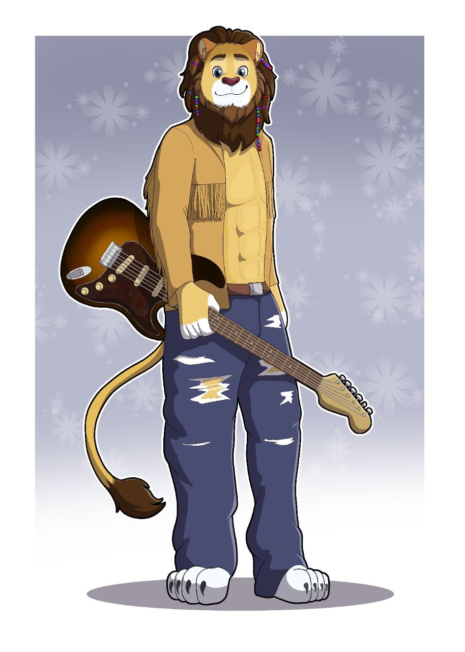 abs anthro braided_hair braided_mane clothing felid fur guitar hair hi_res hippie isaac_(spring_grove) jacket lion male mammal musical_instrument musician pantherine plucked_string_instrument rutan_qilin simple_background solo string_instrument tassels topwear torn_clothing white_body white_fur yellow_body yellow_fur