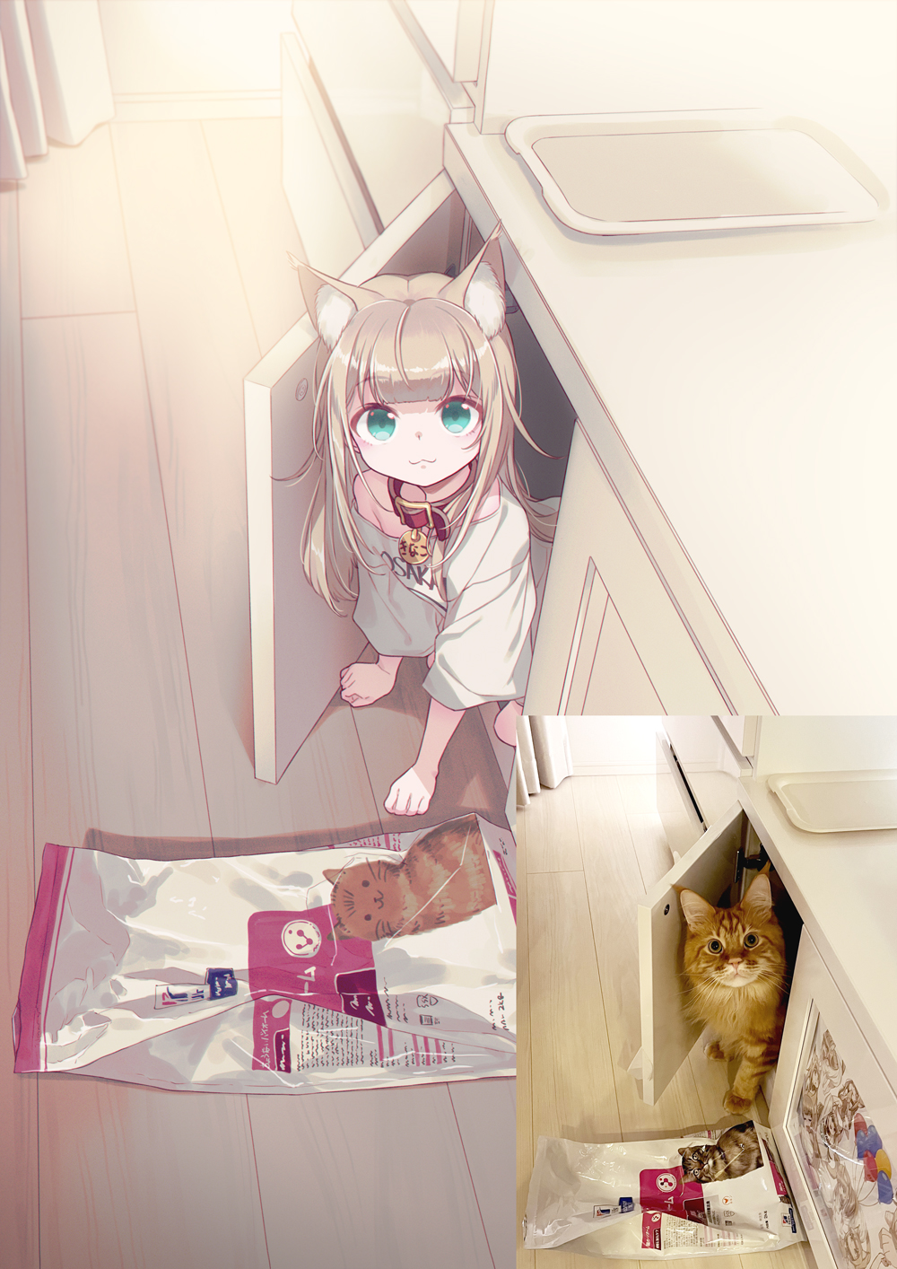 1girl 40hara :3 all_fours animal_collar animal_ears blunt_bangs cabinet cat cat_ears cat_girl collar green_eyes highres indoors kinako_(40hara) long_hair looking_at_viewer original personification pet_food photo-referenced red_collar reference_inset shirt t-shirt white_shirt