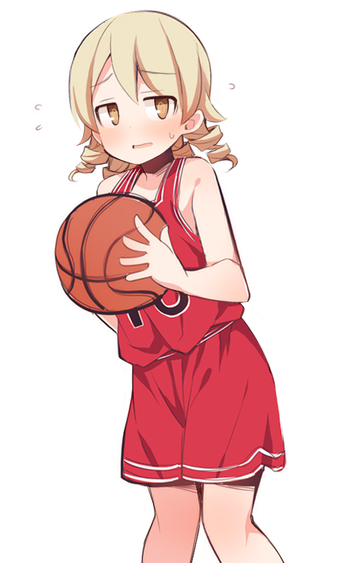 1girl @_@ ball bare_arms bare_shoulders basketball basketball_(object) basketball_uniform blush brown_eyes flying_sweatdrops hair_between_eyes holding holding_ball idolmaster idolmaster_cinderella_girls light_brown_hair long_hair morikubo_nono parted_lips red_shorts red_tank_top revision ringlets short_shorts shorts simple_background solo sportswear sweat tank_top uccow white_background