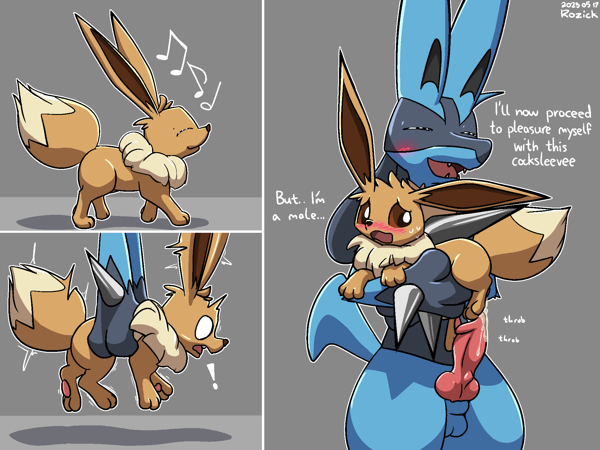 2023 animal_genitalia anthro balls blue_balls blue_body blue_ears blue_tail blush bodily_fluids brown_body brown_ears brown_fur brown_tail carrying_another comic dialogue eevee english_text eparihser erection exclamation_point eyes_closed feral fingers fur generation_1_pokemon generation_4_pokemon genital_fluids genitals hi_res imminent_bestiality imminent_sex knot larger_anthro larger_male lucario male nintendo nude pawpads penis pink_knot pink_pawpads pink_penis pokemon pokemon_(species) precum quadruped sheath side_view size_difference sweat tail teeth text tongue