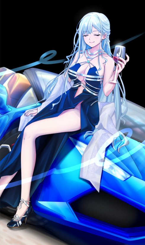 1girl ak-12_(girls'_frontline) ak-12_(quiet_azure)_(girls'_frontline) blue_car blue_dress blue_hair breasts car cleavage closed_eyes cup dress drinking_glass foot_out_of_frame girls'_frontline halter_dress halterneck high_heels holding holding_cup legs medium_breasts motor_vehicle official_alternate_costume samsam_s2s sitting_on_car sleeveless sleeveless_dress smile solo wine_glass