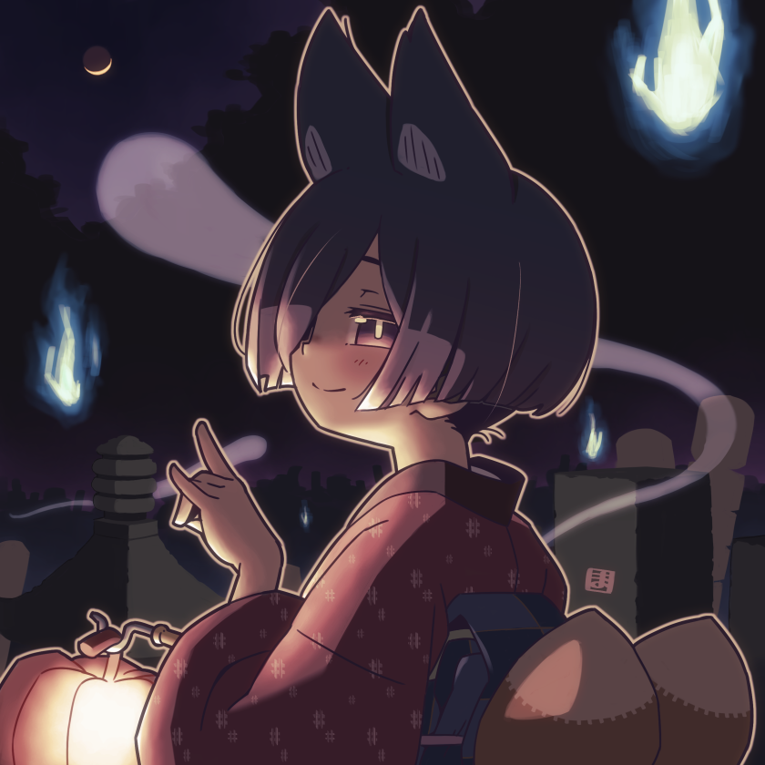 1girl animal_ears black_hair blue_fire blush brown_eyes closed_mouth commentary_request fire fox_ears fox_girl fox_shadow_puppet fox_tail from_behind full_moon hair_over_one_eye hand_up japanese_clothes kimono kitsune kukuri_(mawaru) looking_at_viewer looking_back mawaru_(mawaru) moon night night_sky obi original outdoors pumpkin red_kimono sash short_hair sky smile solo tail upper_body