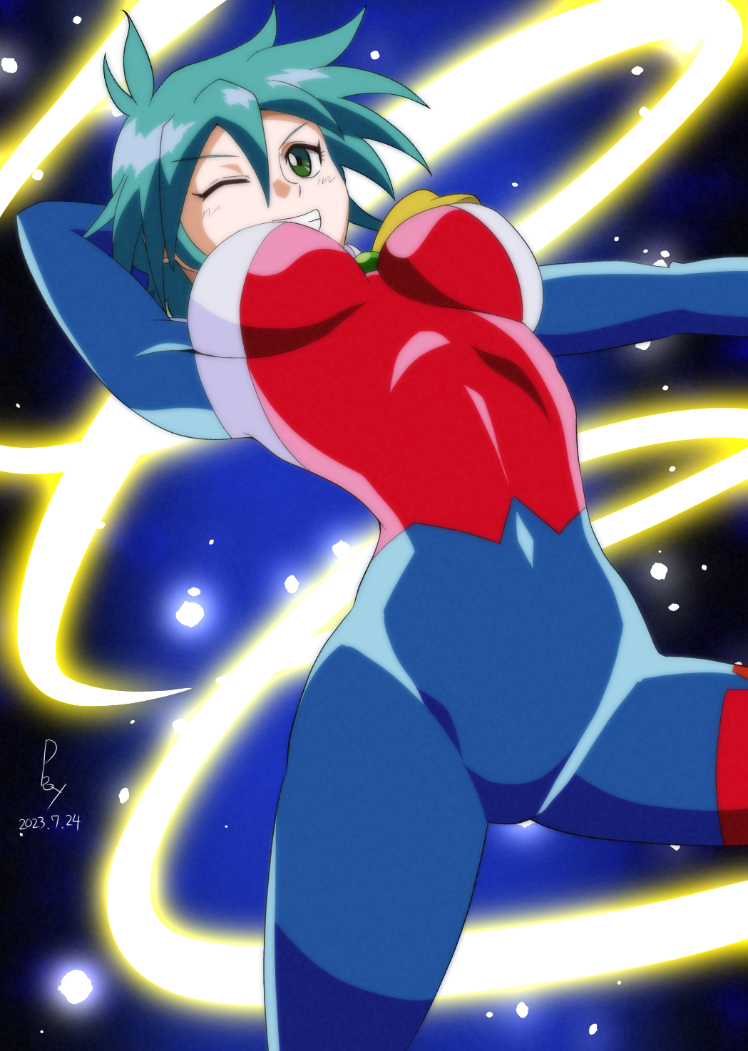 1girl allenby_beardsley blue_hair bodysuit breasts breasts_apart commentary_request d_boy@seishun_bakuhatsu dated g_gundam green_eyes grin gundam highres medium_breasts mobile_trace_suit one_eye_closed short_hair signature skin_tight smile solo