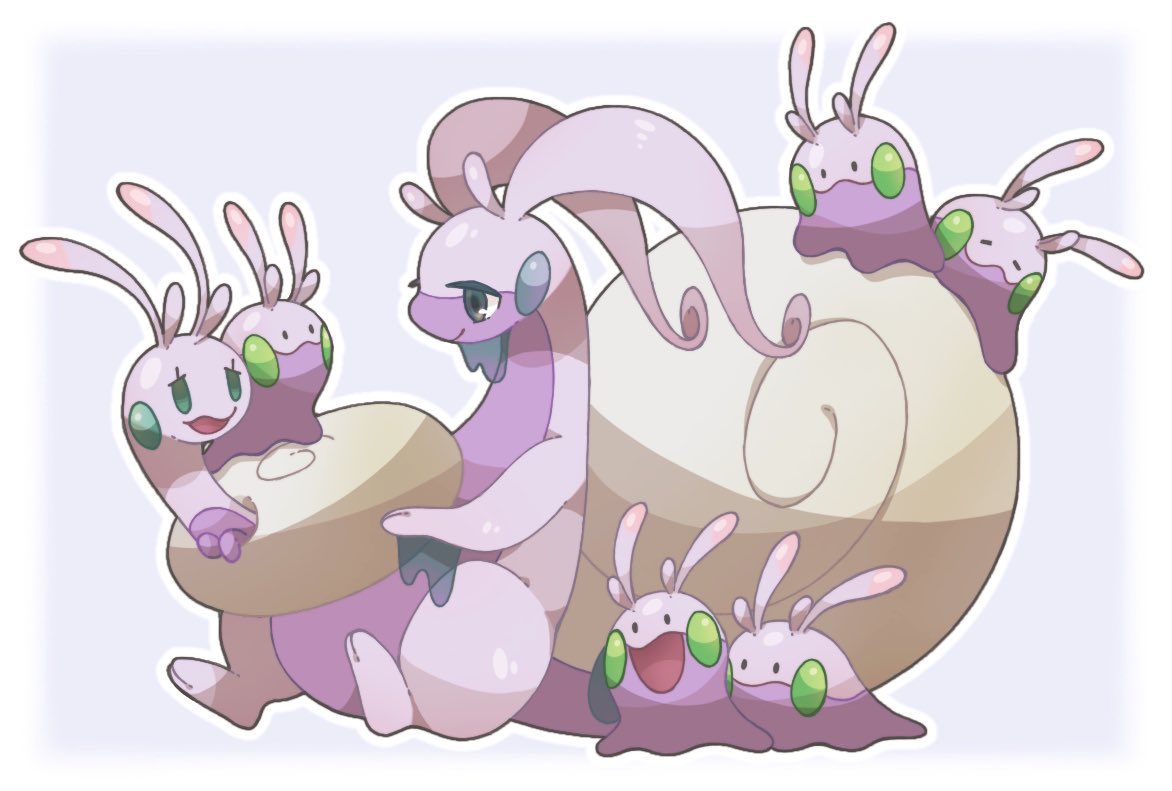 animal_focus closed_eyes colored_skin commentary_request evolutionary_line goomy hisuian_goodra hisuian_sliggoo no_humans open_mouth pokemon pokemon_(creature) purple_skin simple_background slime_(substance) slug solid_oval_eyes towa_(clonea) white_background