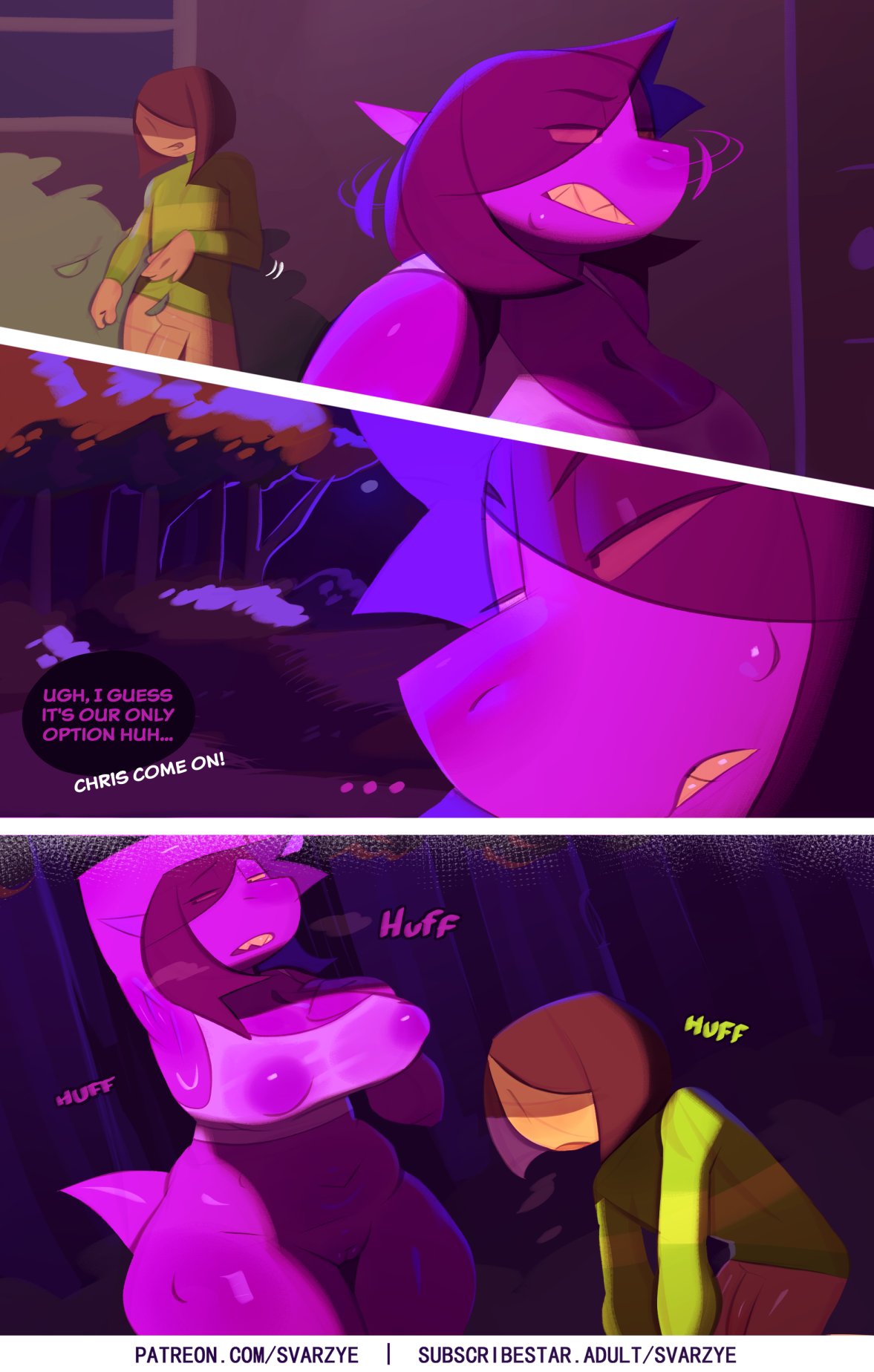 2023 anthro bodily_fluids bottomless bottomless_female bottomless_male breasts breath brown_hair clothed clothing comic deltarune dinosaur door duo ellipsis english_text eyebrows female genitals grass hair hi_res human kris_(deltarune) male mammal outside penis plant purple_body pussy reptile scalie susie_(deltarune) svarzye sweat tail teeth text topwear tree undertale_(series) url wet wet_clothing window