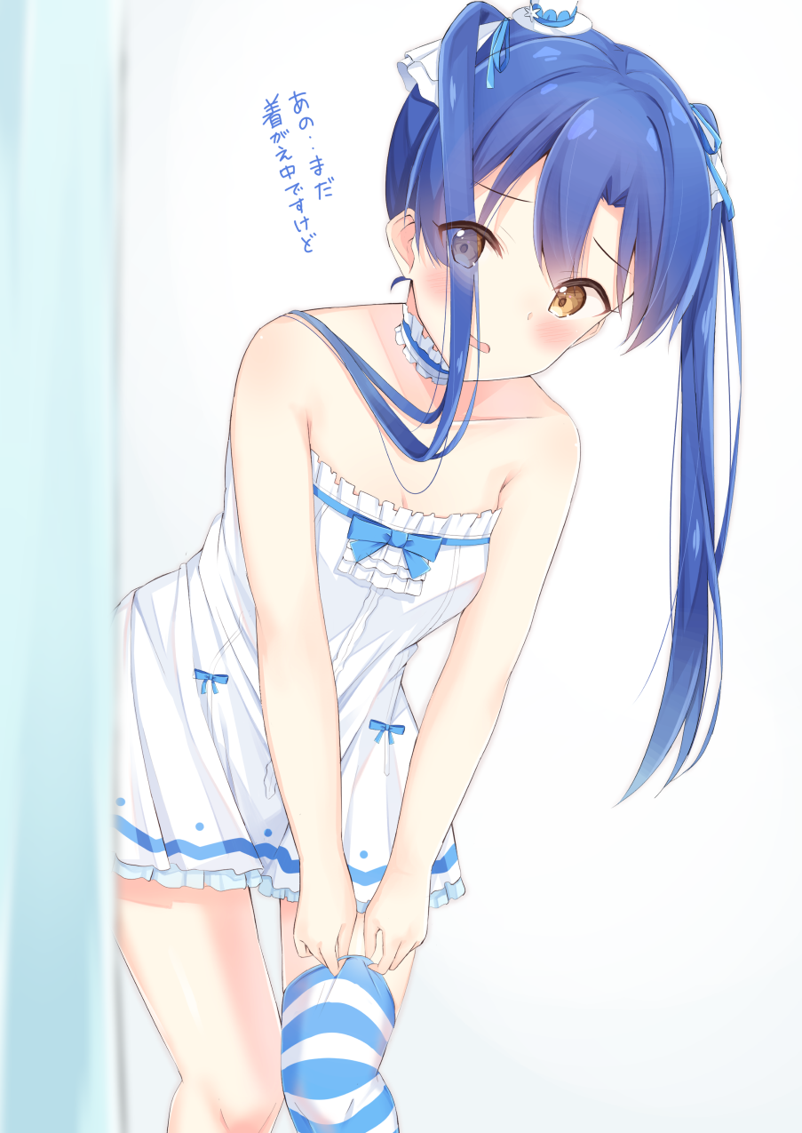 1girl blue_hair blue_ribbon blue_thighhighs blush bow breasts brown_eyes choker cleavage collarbone curtains dress dressing flat_chest frilled_choker frilled_dress frills hair_ornament hat highres idolmaster idolmaster_(classic) idolmaster_million_live! idolmaster_million_live!_theater_days kisaragi_chihaya leaning_forward long_hair looking_at_viewer mini_hat official_alternate_hairstyle open_mouth ribbon shy simple_background solo standing striped striped_thighhighs thighhighs tktk135 twintails white_background white_dress white_ribbon wince