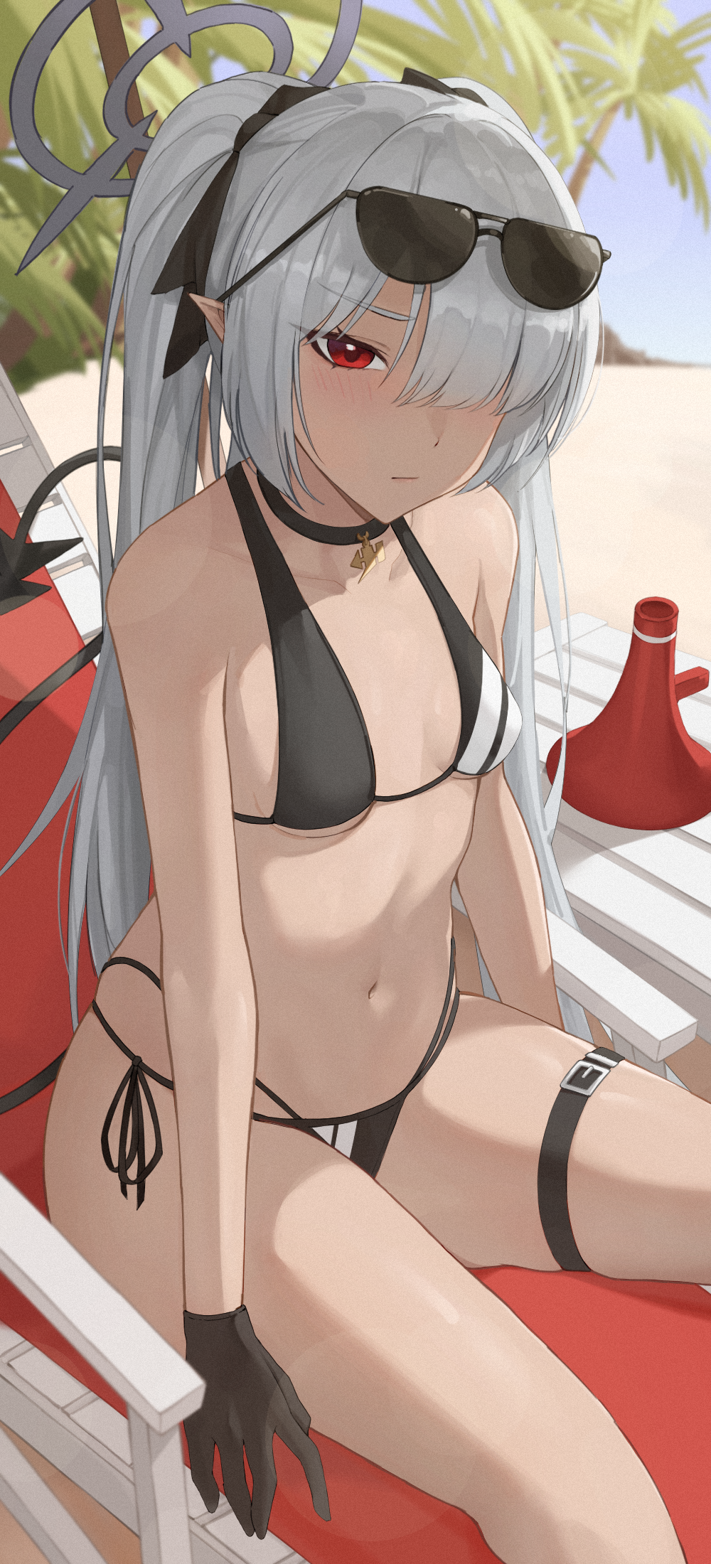 1girl beach beach_chair bikini black_bikini black_gloves blue_archive breasts dark-skinned_female dark_skin day demon_tail eyewear_on_head gloves grey_hair halo highres iori_(blue_archive) iori_(swimsuit)_(blue_archive) megaphone navel outdoors pointy_ears red_eyes sitting small_breasts solo stomach sunglasses swimsuit tail thigh_strap twintails weimiaw