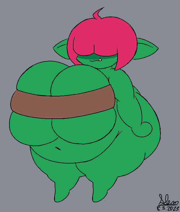 ahoge belly big_belly big_breasts breasts cute_fangs fangs female goblin green_body hair hair_over_eyes humanoid humanoid_pointy_ears magenta_hair mallory_(slem) navel obese obese_female obese_humanoid overweight overweight_female overweight_humanoid slem smile solo teeth thick_thighs