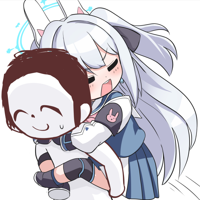 1boy 1girl animal_ears arona's_sensei_doodle_(blue_archive) blue_archive blue_skirt bow carrying commentary_request fake_animal_ears grey_hair hair_between_eyes hair_bow hair_ribbon halo headset hug hug_from_behind knee_pads long_hair long_sleeves miyako_(blue_archive) o_(rakkasei) one_side_up piggyback pleated_skirt rabbit_ears ribbon school_uniform sensei_(blue_archive) serafuku sidelocks simple_background skirt white_background