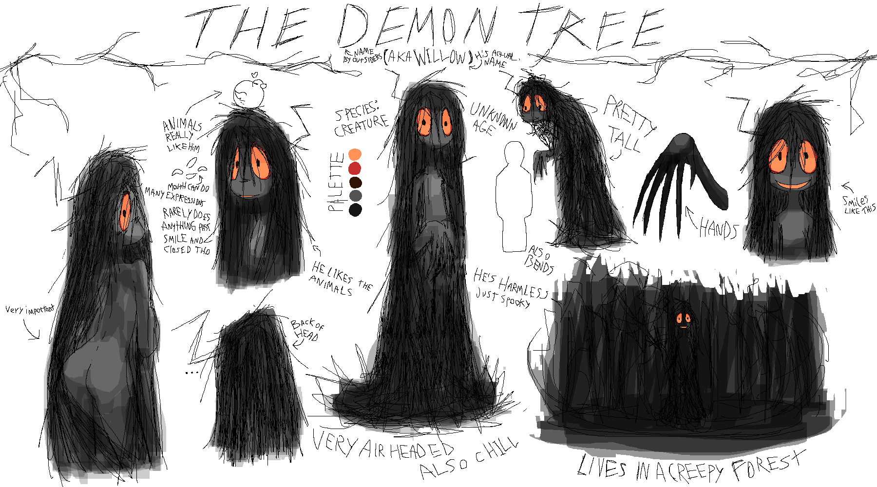 black_body black_hair black_skin butt commonbleat creepy forest hair hi_res humanoid long_fingers long_hair male messy_hair model_sheet orange_sclera plant slim smile solo solo_focus tree unknown_species willow_(commonbleat)