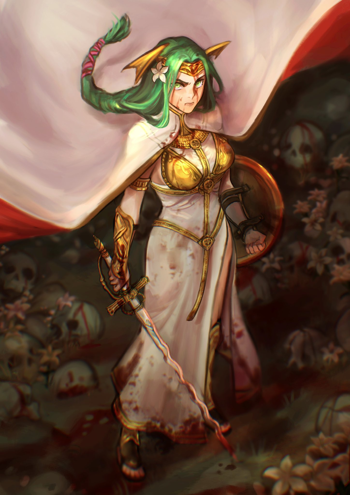 1girl armor armored_dress blood blood_on_clothes blood_on_face breasts cape commentary commission commissioner_upload dress english_commentary fire_emblem fire_emblem:_three_houses flower green_eyes green_hair hair_flower hair_ornament head_wings highres holding holding_shield holding_sword holding_weapon medium_breasts ponytail seiros_(fire_emblem) sethkiel shield skull solo sword sword_of_seiros weapon white_flower wings